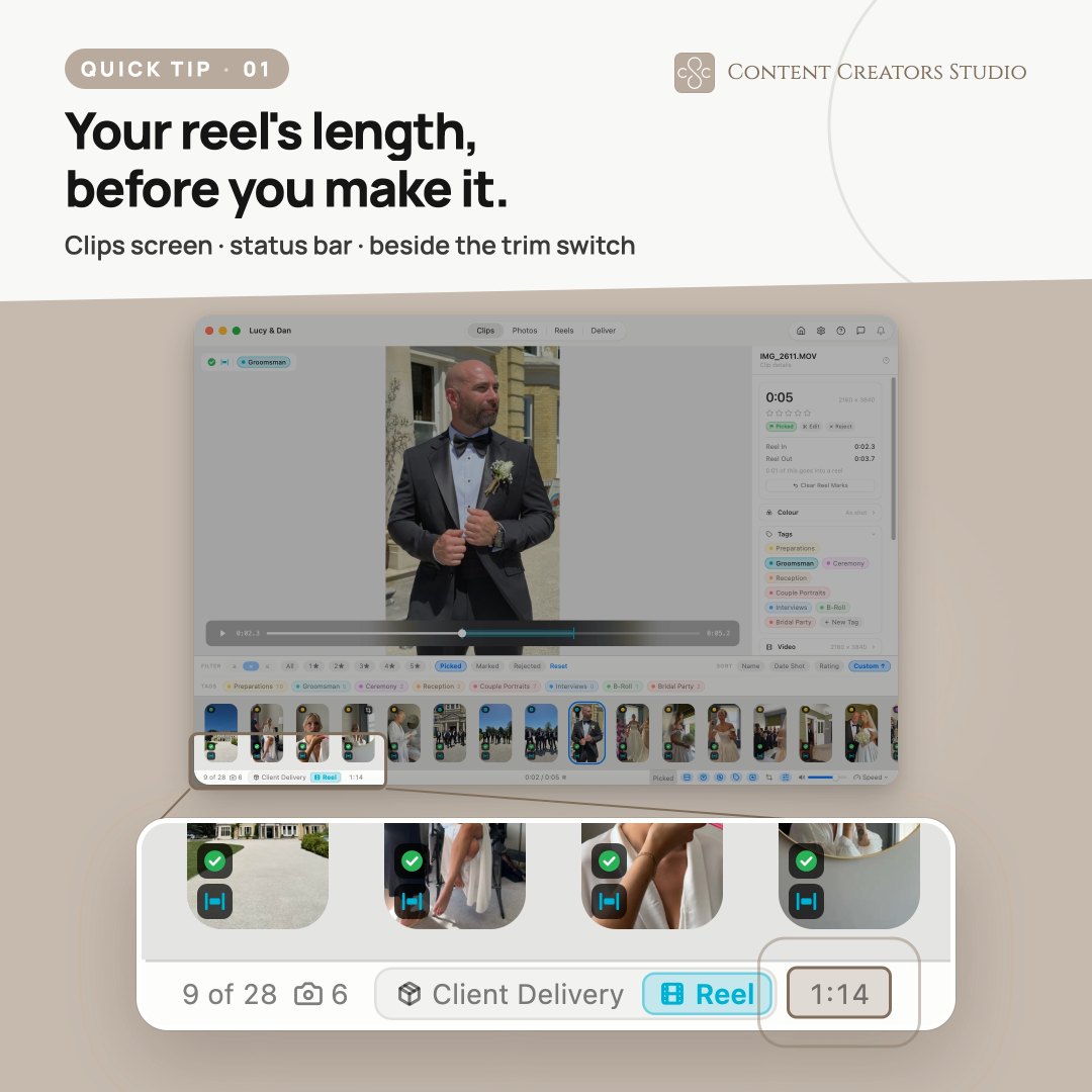 Get ready for your reels when filtering your clips. Instantly see how long your reel will be before moving your clips over to the reels editor. — posted 5 October 2026