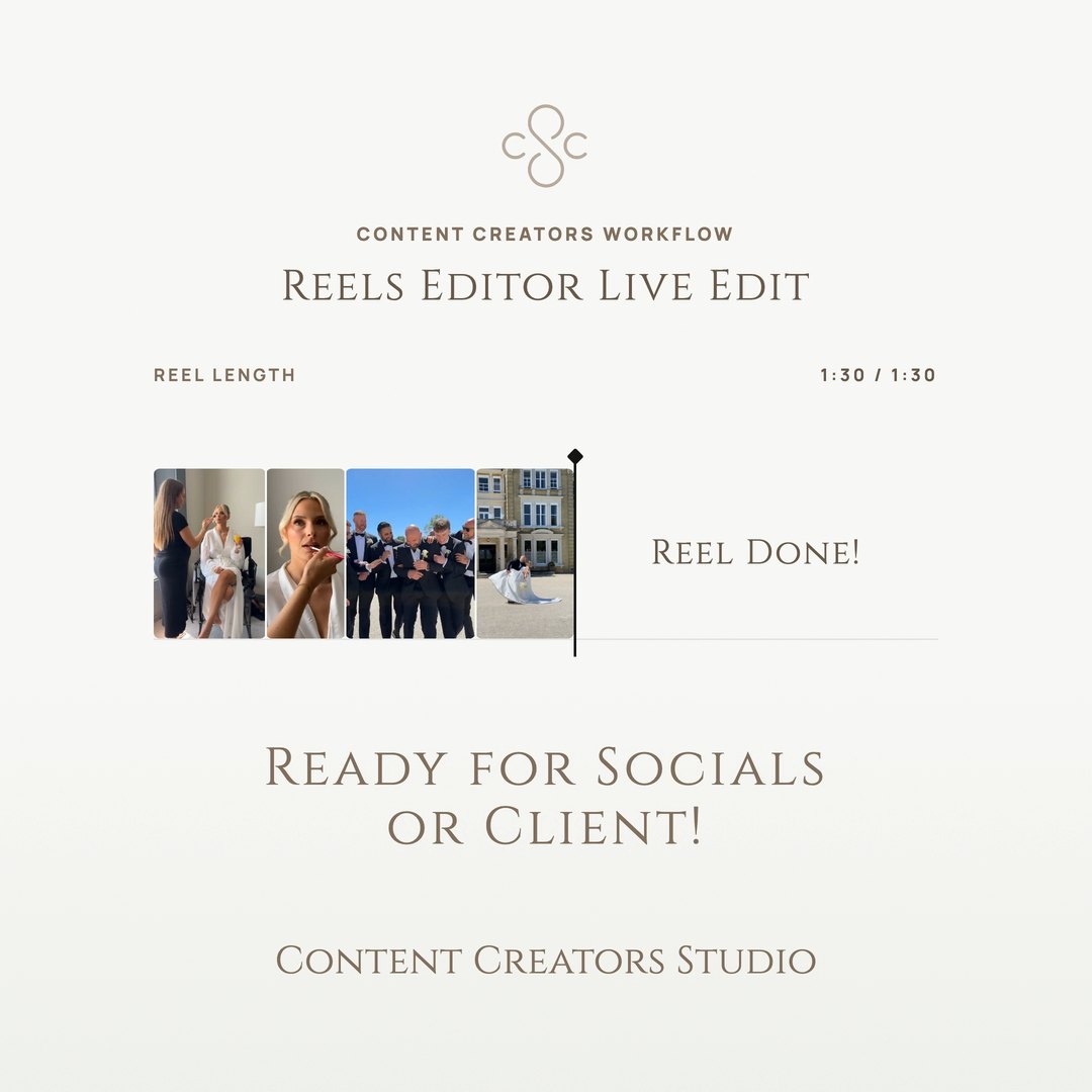 Creating reels or highlights no longer has to take hours! Play your clip selections live and simply edit during playback for a perfect video ready for socials or client delivery!
Content Creators Studio is perfectly built for wedding content creators to go from iPhone footage to final client delivery quickly. You can then focus on your job! — posted 23 August 2026