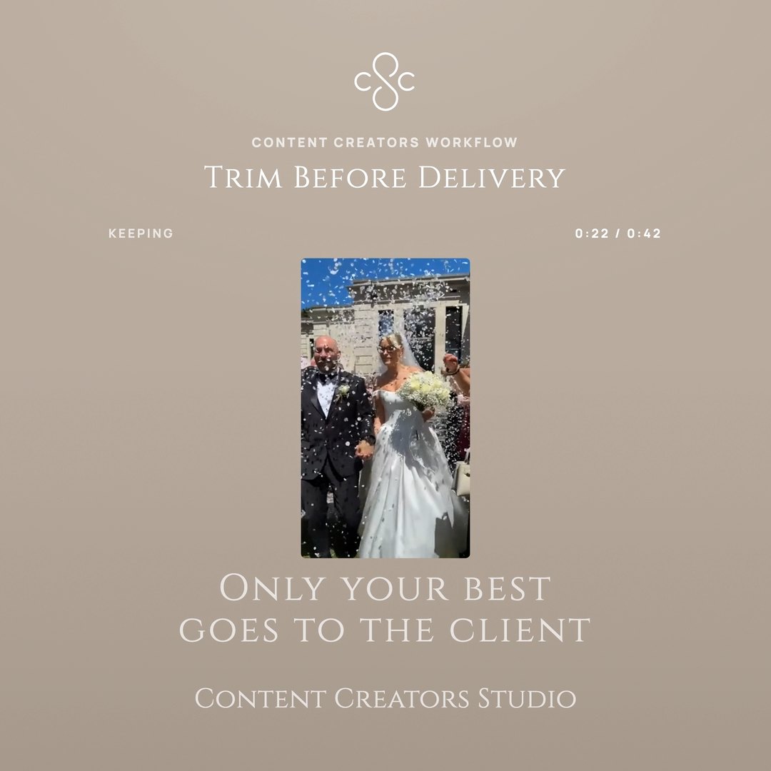 There is nothing wrong with a little trim in either direction to perfect the look. Trimming for client delivery or preparation for your reel is so simple.
Welcome to Content Creators Studio. The toolkit which takes you from iPhone to client delivery super fast so you can get ready for your next event! — posted 23 August 2026