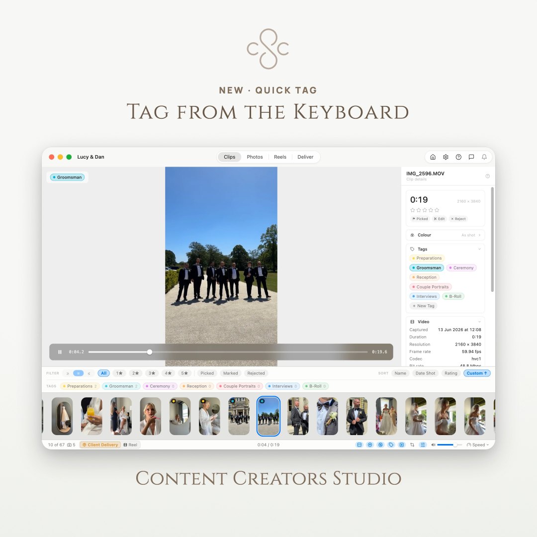 Get organised quickly by tagging your content. This helps massively when delivering to your client, particularly for Dropbox, as all your content can be automatically grouped during delivery! Or create that perfect reel by targeting a specific set of clips! It's up to you in Content Creators Studio! — posted 3 October 2026