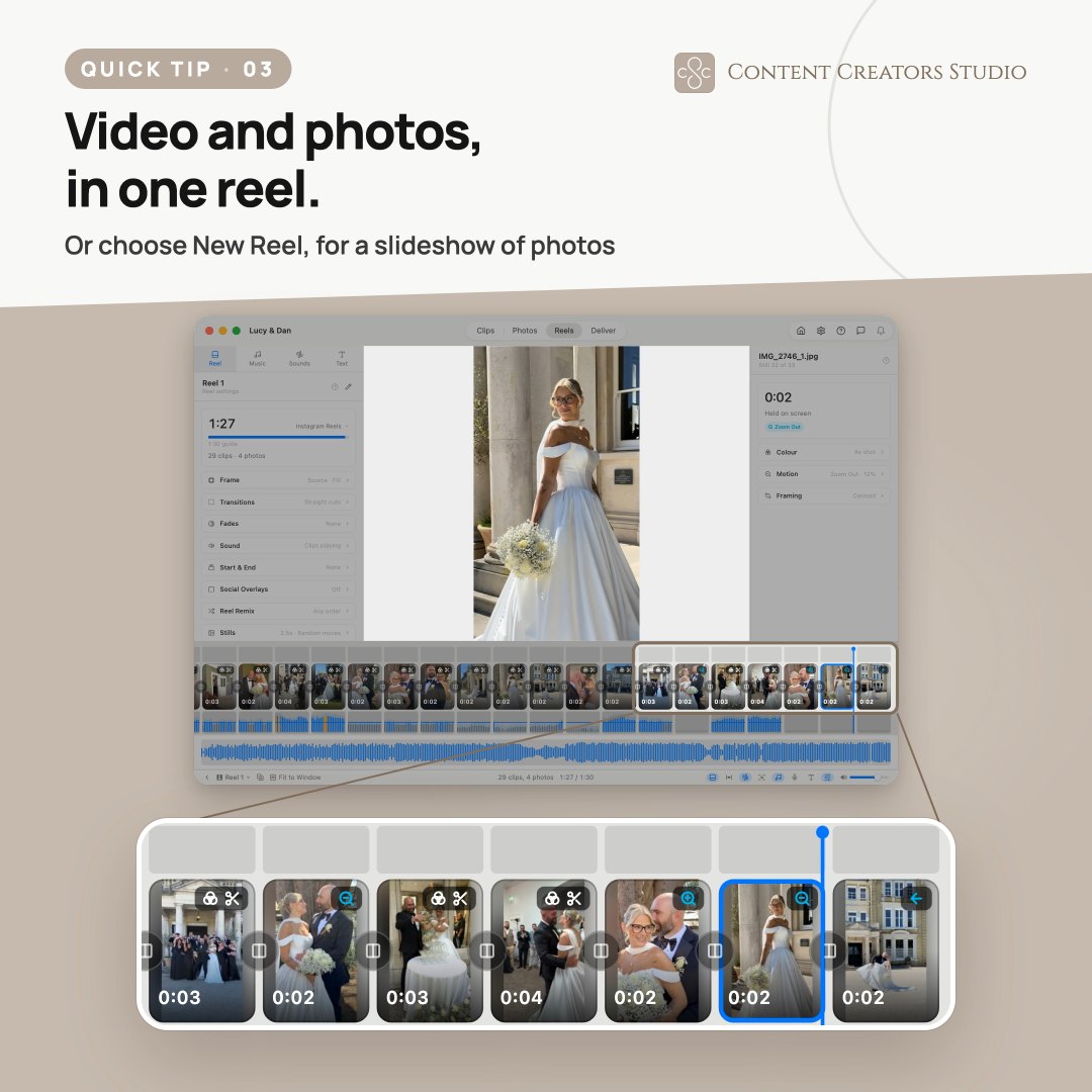 Content Creators Studio doesn't always need to create Reels using video clips. You can also create slideshows or mix and match with video clips and photos. You can even spice up the photos with Ken Burns zooming and panning. — posted 8 October 2026