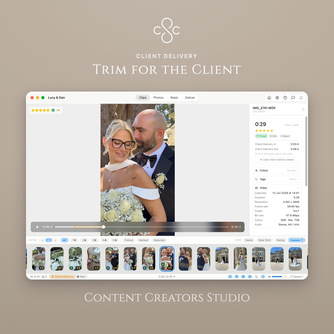 You may decide that some of your clips need a little trim before client delivery. You can now trim differently for clients and reels. This means you have powered up your workflow for quickly getting that highlight video or reel complete without impacting what your clients receive. — posted 3 October 2026