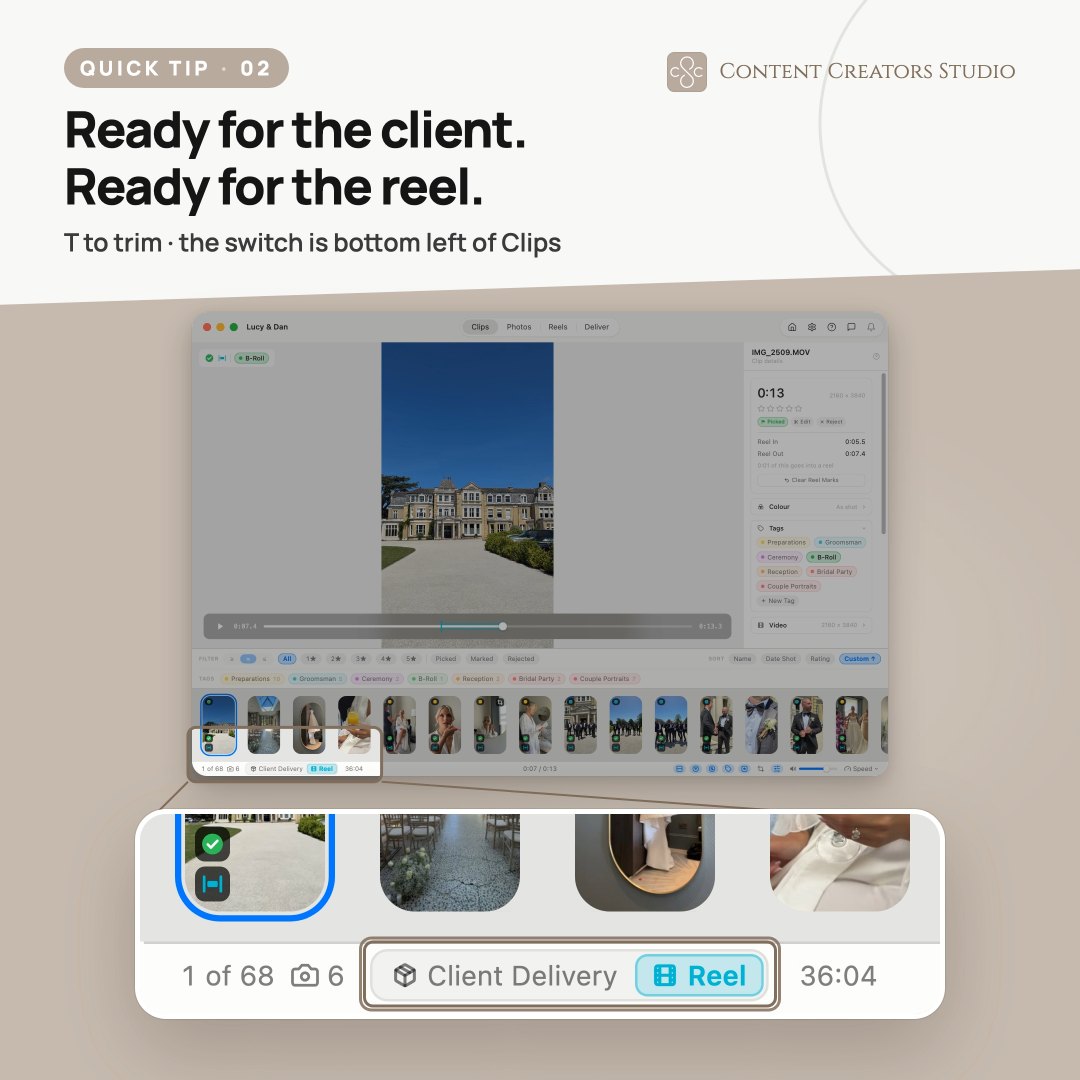 In Content Creators Studio you can clean up any mistakes before client delivery or reel creation using the Trim dialog. Simply hit the T key against any clip. If you prefer to make it permanent you can do this too. — posted 6 October 2026